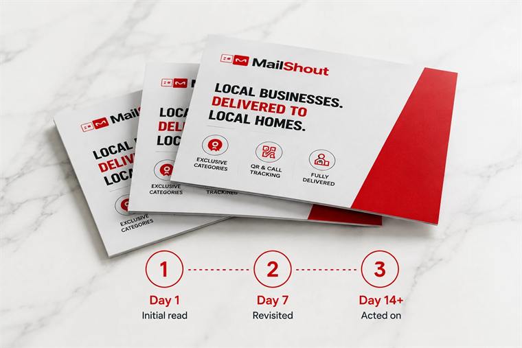 Three MailShout cards with a Day 1, Day 7, Day 14+ timeline