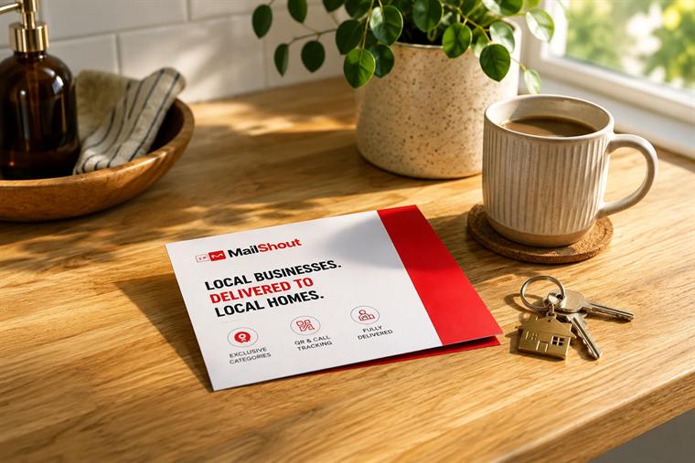 A MailShout card resting on a kitchen counter at home